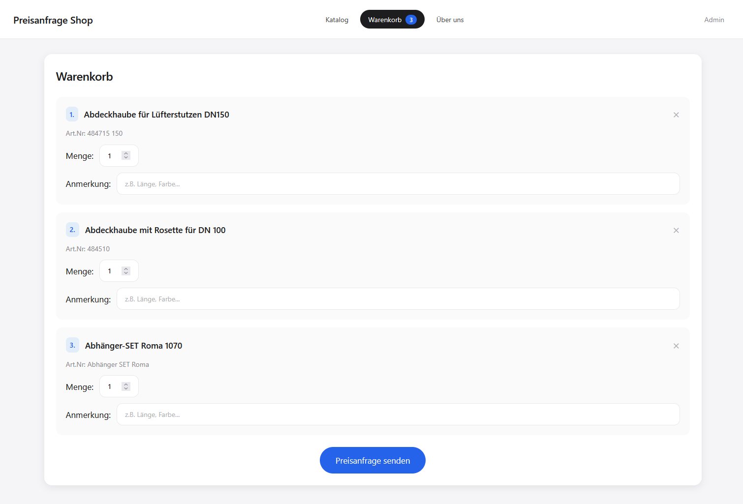 Angebotsanfrage mit Mengen und Positionsnotizen